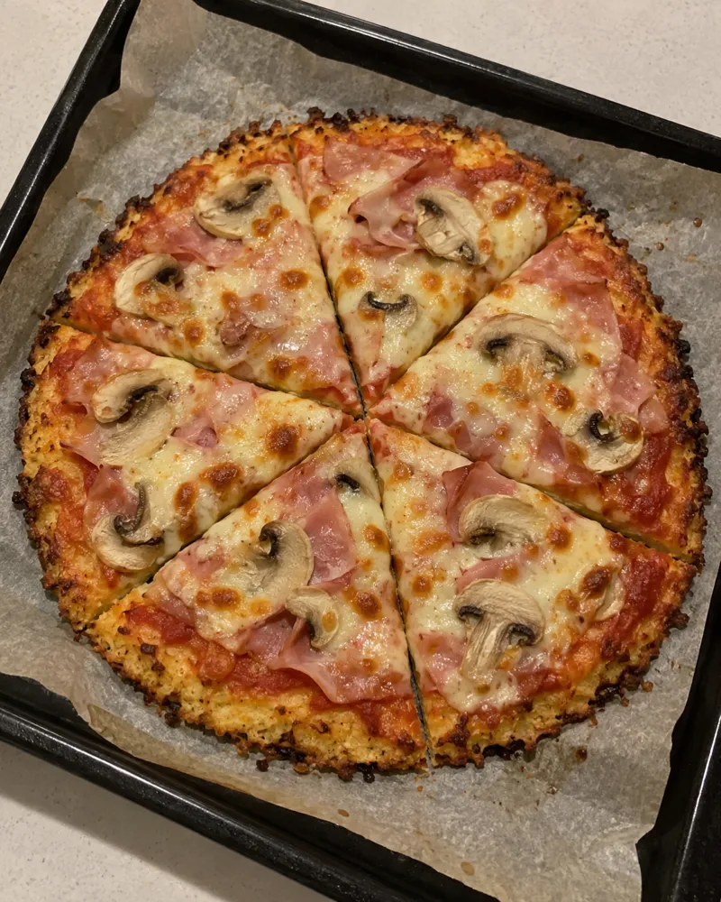Pizza de base de coliflor dorada con tomate, jamón cocido, champiñones laminados y mozzarella fundida, cortada en 6 trozos