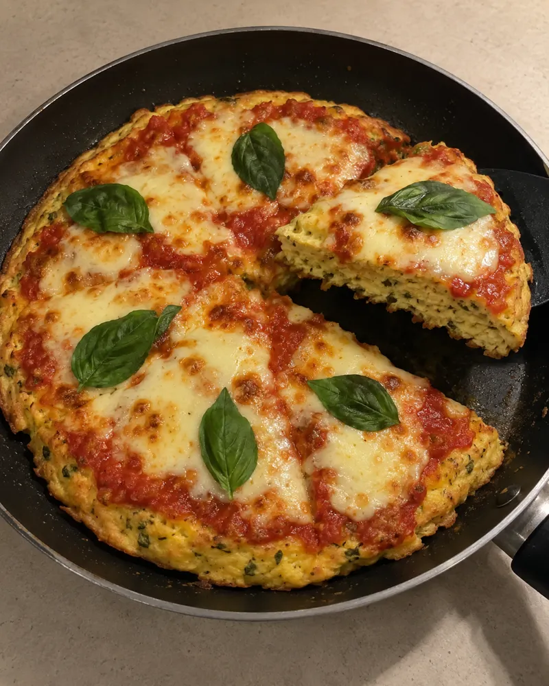 Pizza margarita hecha en una sartén negra, con base de huevo dorada, tomate, mozzarella fresca fundida y hojas de albahaca