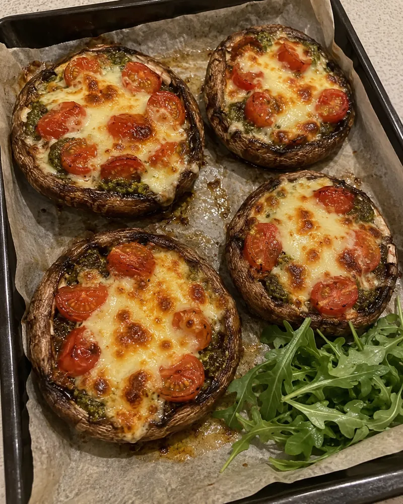 Cuatro champiñones portobello al horno rellenos de pesto, tomates cherry y mozzarella fundida, con un puñado de rúcula