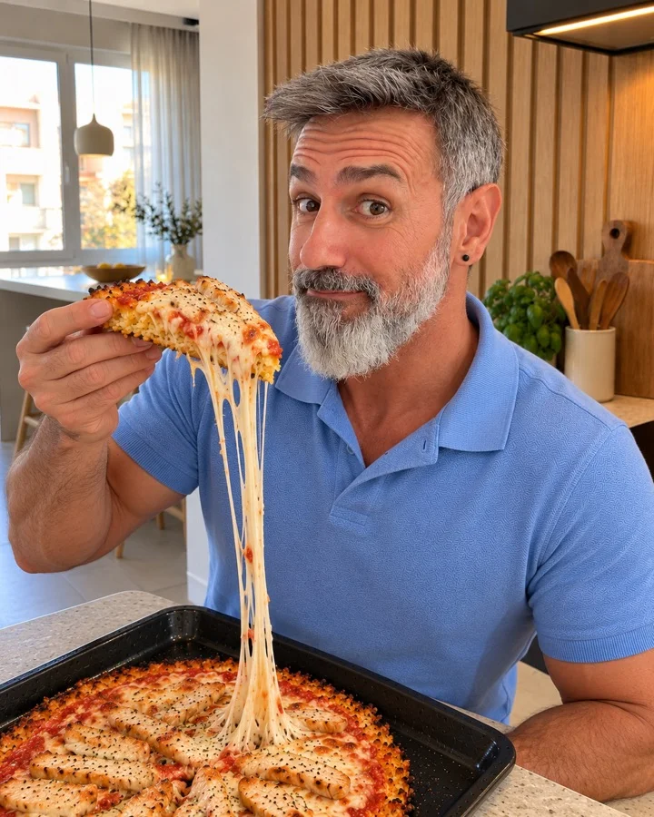 Jonathan Aguilar en su cocina estirando el queso de un trozo de pizza de arroz