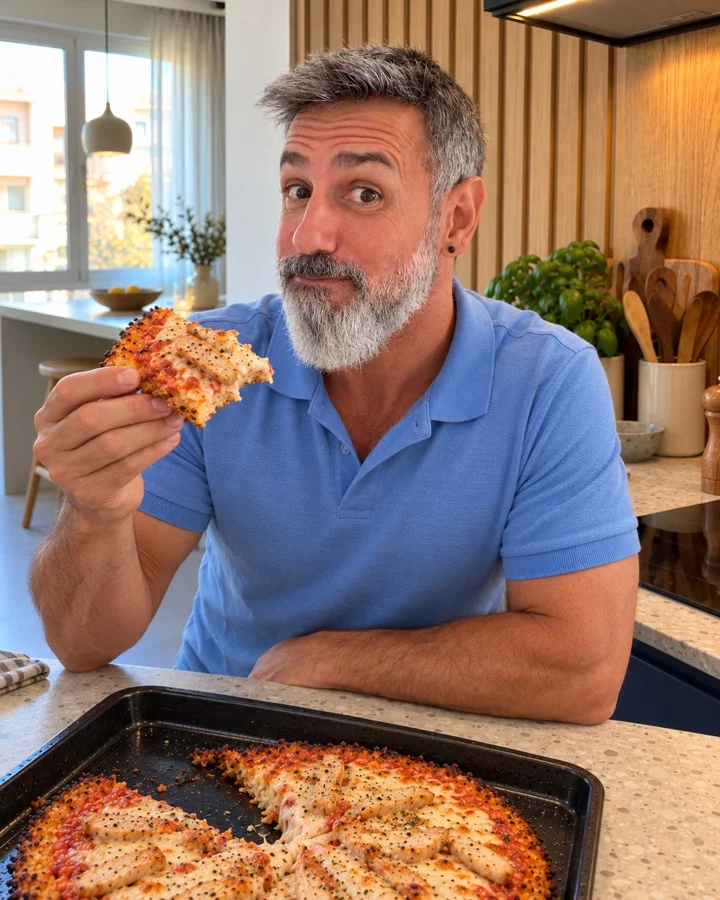 Jonathan Aguilar comiéndose un trozo de pizza de arroz recién hecha